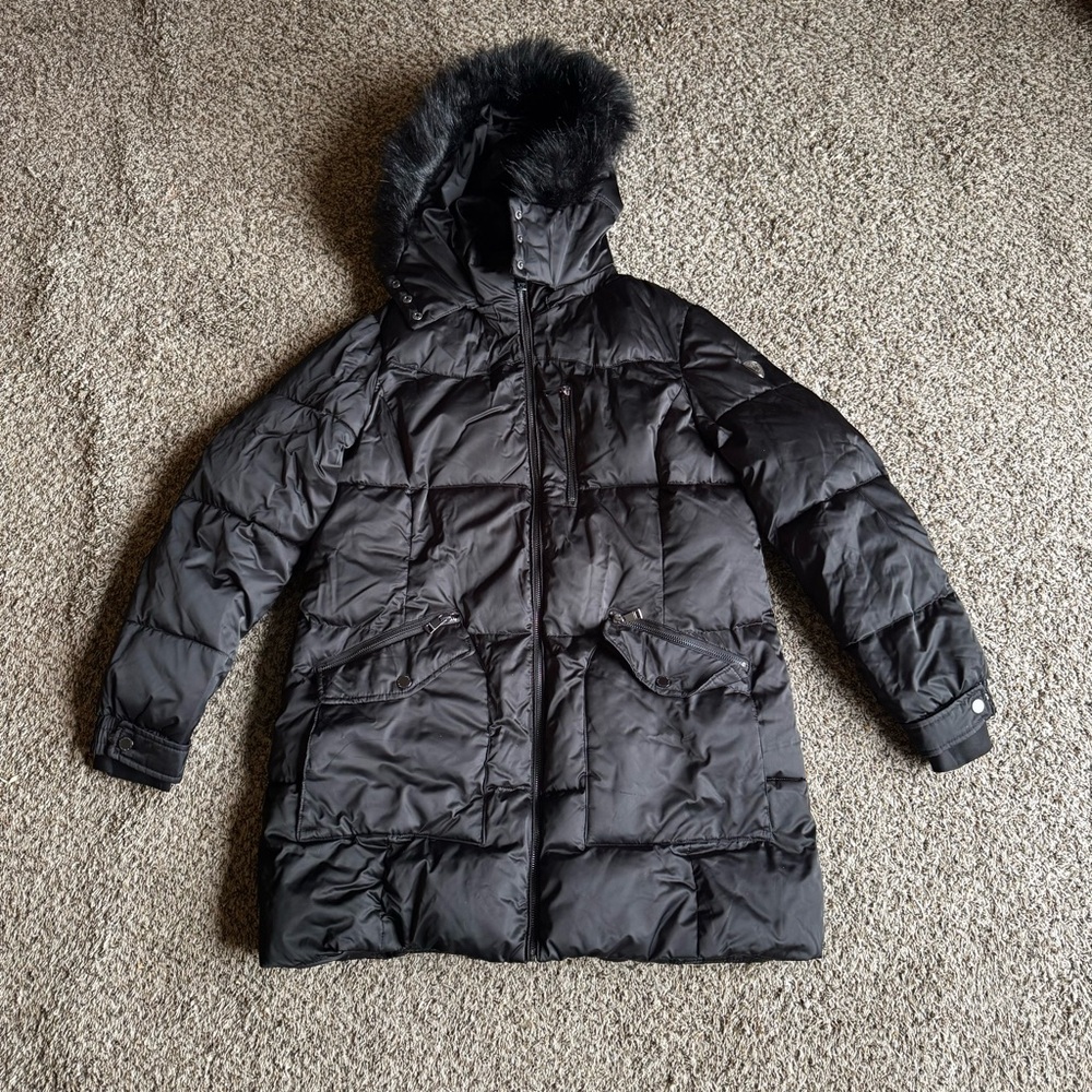 Madison Expedition Woman L Puffer Jacket Coat Black Removable Hood Zip FLAWED‎